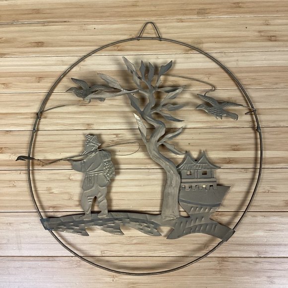 Vintage Metal Asian Folk Art Wall Hangings Set (4) - Picture 4 of 15